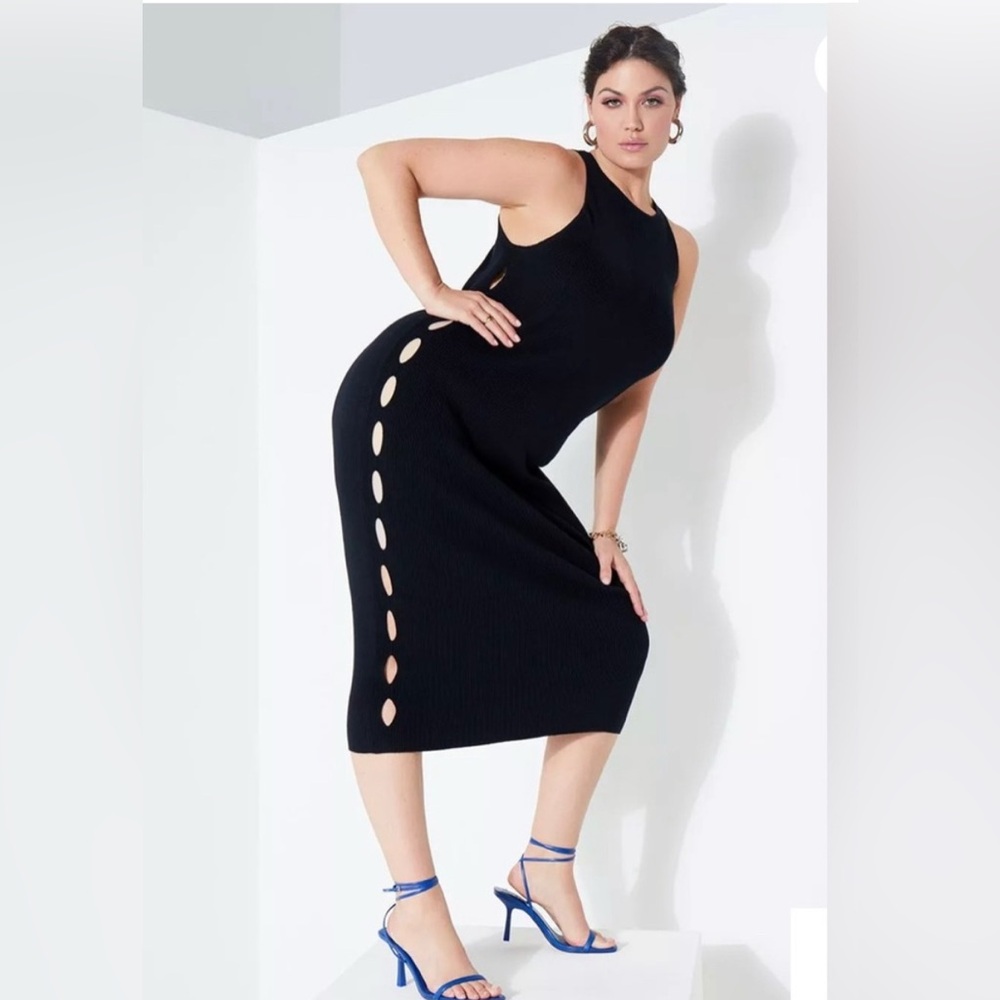 Eloquii Black Bodycon Cutout Sides Racer Neckline Midi Dress